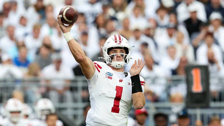 Sep 26, 2026; University Park, Pennsylvania, USA; Wisconsin Badgers quarterback Colton Joseph (1) throws a pass during the first quarter against the Penn State Nittany Lions at West Shore Home Field at Beaver Stadium. Sep 26, 2026; University Park, Pennsylvania, USA; Wisconsin Badgers quarterback Colton Joseph (1) throws a pass during the first quarter against the Penn State Nittany Lions at West Shore Home Field at Beaver Stadium.