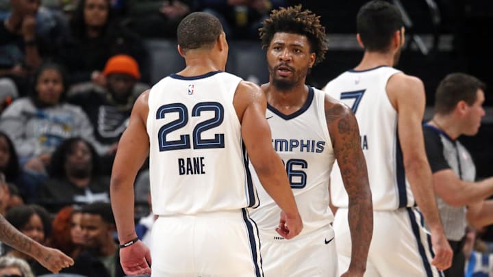 Dec 31, 2023; Memphis, Tennessee, USA; Memphis Grizzlies guard Marcus Smart (36) reacts with guard Desmond Bane (22) during the second half at FedExForum. Mandatory Credit: Petre Thomas-Imagn Images