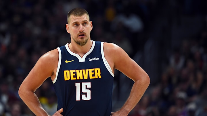 Oct 25, 2025; Denver, Colorado, USA; Denver Nuggets center Nikola Jokic (15) during the first half against the Phoenix Suns at Ball Arena. Mandatory Credit: Christopher Hanewinckel-Imagn Images