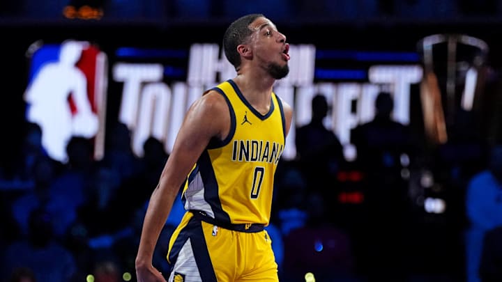 Dec 7, 2023; Las Vegas, Nevada, USA; Indiana Pacers guard Tyrese Haliburton (0) celebrates after