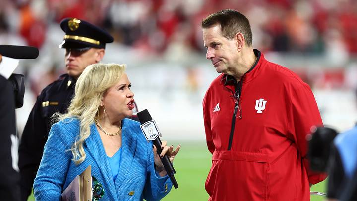 Jan 19, 2026; Miami Gardens, FL, USA; Indiana Hoosiers head coach Curt Cignetti (right) is interviewed by ESPN reporter Holly Rowe during the game against the Miami Hurricanes in the College Football Playoff National Championship game at Hard Rock Stadium. Mandatory Credit: Mark J. Rebilas-Imagn Images Jan 19, 2026; Miami Gardens, FL, USA; Indiana Hoosiers head coach Curt Cignetti (right) is interviewed by ESPN reporter Holly Rowe during the game against the Miami Hurricanes in the College Football Playoff National Championship game at Hard Rock Stadium. Mandatory Credit: Mark J. Rebilas-Imagn Images