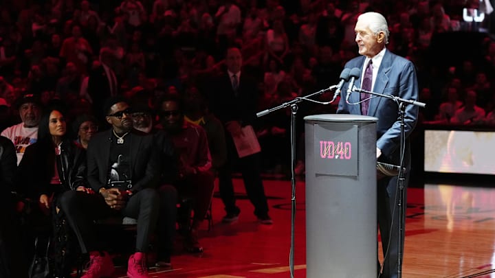 Jan 19, 2024; Miami, Florida, USA; Miami Heat president Pat Riley speaks during the jersey retirement ceremony for former player Udonis Haslem during halftime of the game between the Miami Heat and the Atlanta Hawks Kaseya Center. Mandatory Credit: Jasen Vinlove-Imagn Images