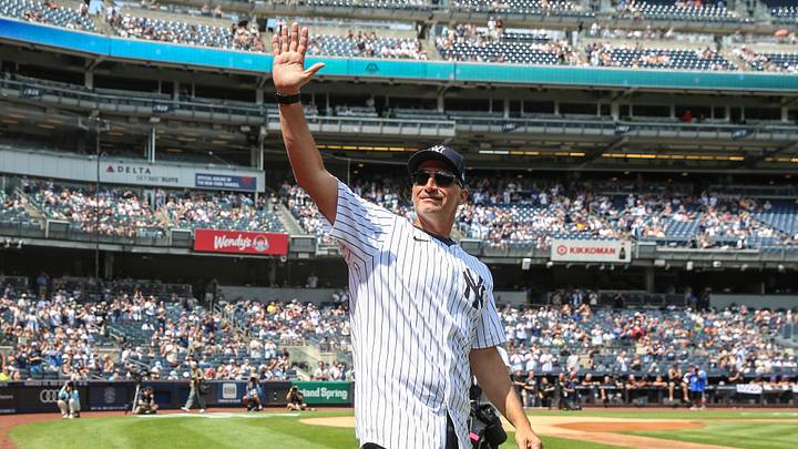 Aug 24, 2024; Bronx, New York, USA; Former New York Yankees pitcher Andy Pettitte is introduced at the Old Timers Day Ceremony at Yankee Stadium. Mandatory Credit: Wendell Cruz-USA TODAY Sports