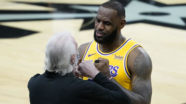 Dec 30, 2020; San Antonio, Texas, USA; San Antonio Spurs head coach Gregg Popovich and Los Angeles Lakers forward LeBron James (23) greet each other before a game at AT&T Center. Mandatory Credit: Scott Wachter-Imagn Images