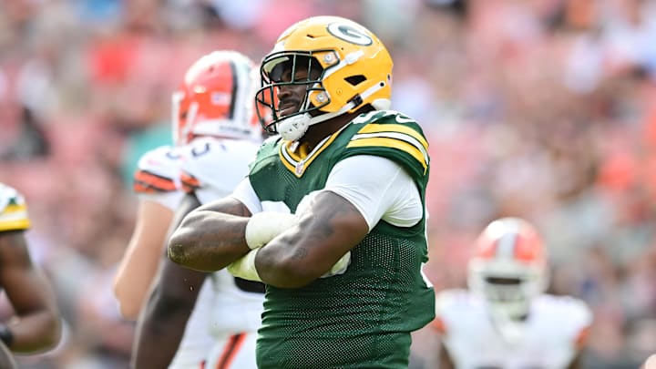 Green Bay Packers defensive tackle Colby Wooden (96) celebrates a sack at Cleveland in the preseason.