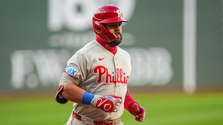 May 12, 2026; Boston, Massachusetts, USA; Philadelphia Phillies designated hitter Kyle Schwarber (12) hits a home run against the Boston Red Sox in the first inning at Fenway Park. Mandatory Credit: David Butler II-Imagn Images