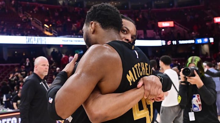 May 13, 2025; Cleveland, Ohio, USA; Cleveland Cavaliers guard Darius Garland (10) hugs guard Donovan Mitchell (45) after game five of the second round for the 2025 NBA Playoffs at Rocket Arena. Mandatory Credit: Ken Blaze-Imagn Images May 13, 2025; Cleveland, Ohio, USA; Cleveland Cavaliers guard Darius Garland (10) hugs guard Donovan Mitchell (45) after game five of the second round for the 2025 NBA Playoffs at Rocket Arena. Mandatory Credit: Ken Blaze-Imagn Images