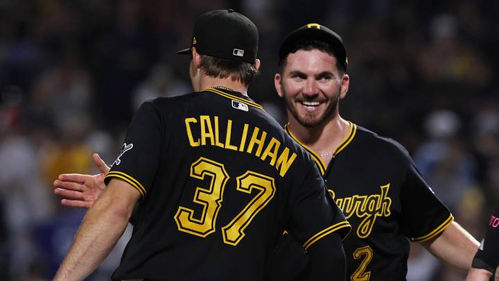 Jun 10, 2026; Pittsburgh, Pennsylvania, USA; Pittsburgh Pirates right fielder Tyler Callihan (37) and first baseman Spencer Horwitz (2) celebrate after defeating the Los Angeles Dodgers at PNC Park. Mandatory Credit: Charles LeClaire-Imagn Images Jun 10, 2026; Pittsburgh, Pennsylvania, USA; Pittsburgh Pirates right fielder Tyler Callihan (37) and first baseman Spencer Horwitz (2) celebrate after defeating the Los Angeles Dodgers at PNC Park. Mandatory Credit: Charles LeClaire-Imagn Images