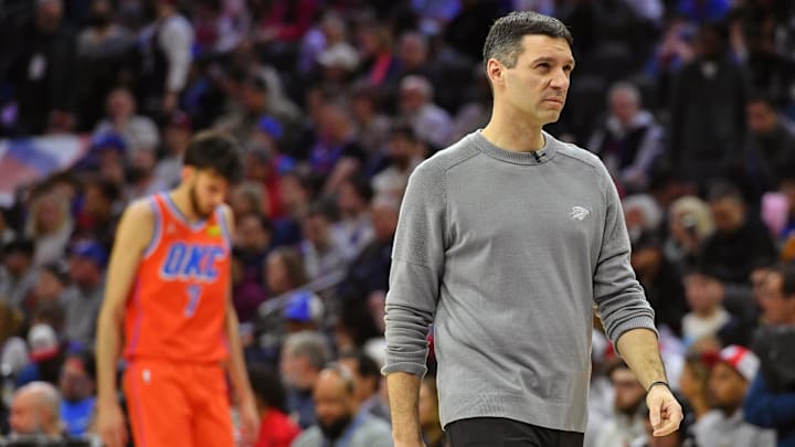 Apr 2, 2024; Philadelphia, Pennsylvania, USA; Oklahoma City Thunder head coach Mark Daigneault against the Philadelphia 76ers during the third quarter at Wells Fargo Center. Mandatory Credit: Eric Hartline-Imagn Images Apr 2, 2024; Philadelphia, Pennsylvania, USA; Oklahoma City Thunder head coach Mark Daigneault against the Philadelphia 76ers during the third quarter at Wells Fargo Center. Mandatory Credit: Eric Hartline-Imagn Images