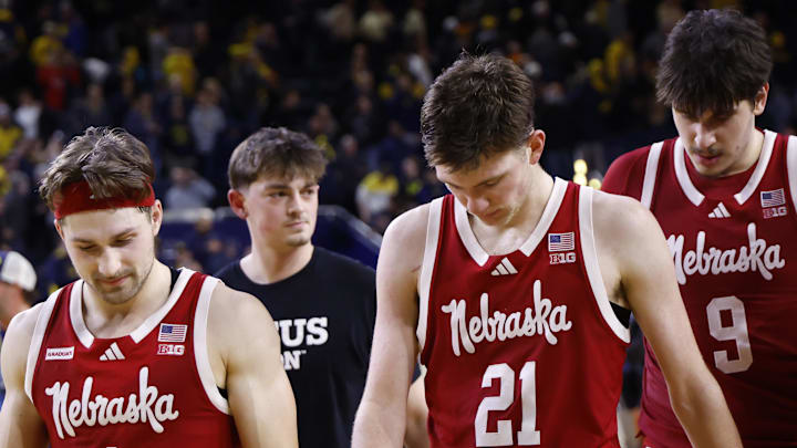 Nebraska Cornhuskers guard Sam Hoiberg (1) Nebraska Cornhuskers forward Pryce Sandfort (21) and Nebraska Cornhuskers forward Berke Buyuktuncel (9) Nebraska Cornhuskers guard Sam Hoiberg (1) Nebraska Cornhuskers forward Pryce Sandfort (21) and Nebraska Cornhuskers forward Berke Buyuktuncel (9)