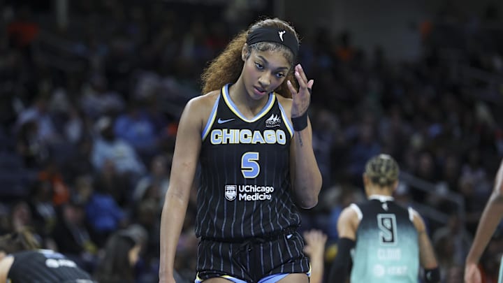 Chicago Sky forward Angel Reese (5) reacts during the first half agaisnt the New York Liberty at Wintrust Arena. Chicago Sky forward Angel Reese (5) reacts during the first half agaisnt the New York Liberty at Wintrust Arena.
