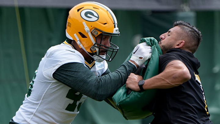 Green Bay Packers tight end Messiah Swinson (43) works with offensive quality control coach Rob Grosso during the team’s mini camp Tuesday, June 11, 2024 in Green Bay, Wisconsin.