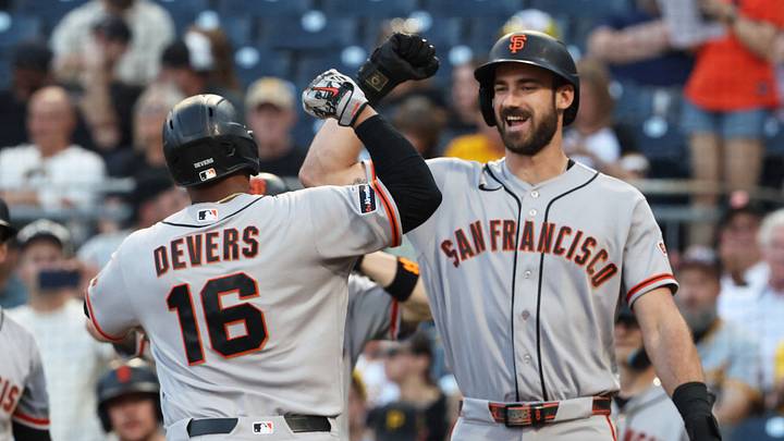Sep 1, 2026; Pittsburgh, Pennsylvania, USA;  San Francisco Giants designated hitter Bryce Eldridge (right) greets first baseman Rafael Devers (16) crossing home plate  on a three run home run against the Pittsburgh Pirates during the second inning at PNC Park.  Mandatory Credit: Charles LeClaire-Imagn Images
