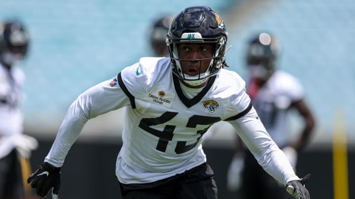 Defensive back Kaleb Hayes (43) participates in mandatory minicamp at TIAA Bank field. Defensive back Kaleb Hayes (43) participates in mandatory minicamp at TIAA Bank field.