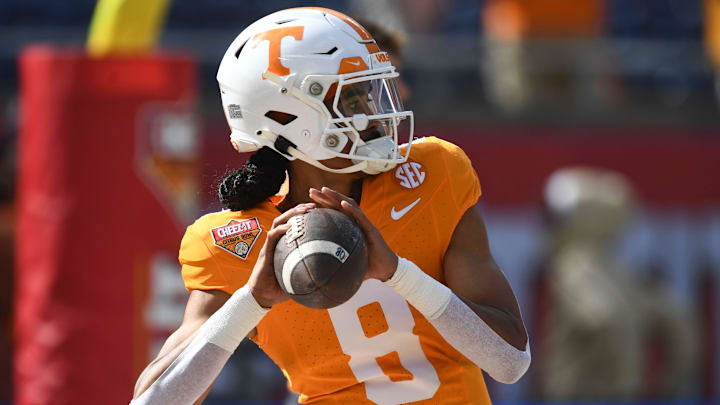 Tennessee quarterback Nico Iamaleava (8) warming up for the Citrus Bowl NCAA College football game