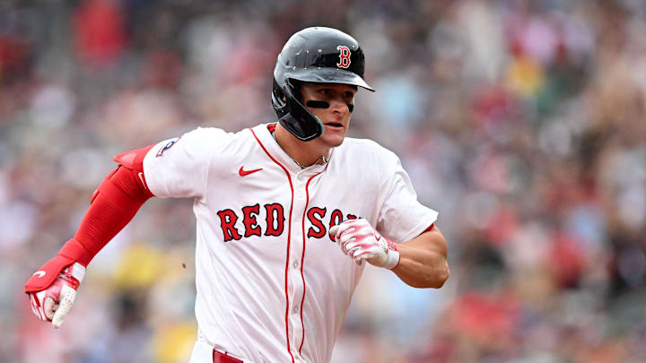 Jul 27, 2025; Boston, Massachusetts, USA; Boston Red Sox right fielder Roman Anthony (19) runs the bases after hitting a RBI triple against the Los Angeles Dodgers during the fifth inning at Fenway Park. Mandatory Credit: Brian Fluharty-Imagn Images Jul 27, 2025; Boston, Massachusetts, USA; Boston Red Sox right fielder Roman Anthony (19) runs the bases after hitting a RBI triple against the Los Angeles Dodgers during the fifth inning at Fenway Park. Mandatory Credit: Brian Fluharty-Imagn Images