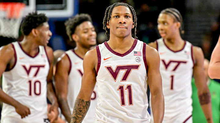 Feb 8, 2025; Virginia Tech guard Ben Hammond (11) walks to the bench during a timeout in the first half against Notre Dame.