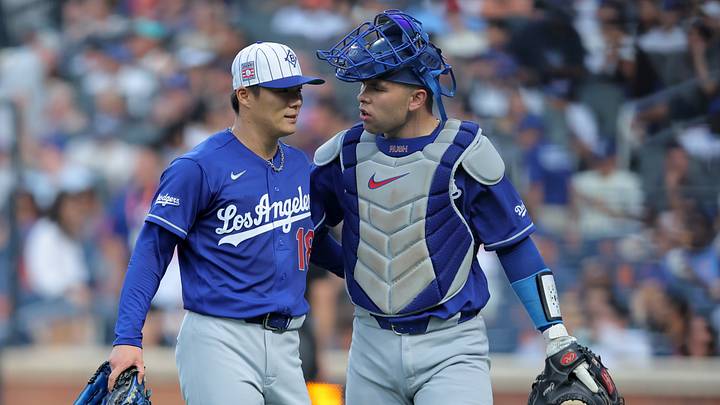 Jul 25, 2026; New York City, New York, USA; Los Angeles Dodgers catcher Dalton Rushing (68) talks to starting pitcher Yoshinobu Yamamoto (18) after the first inning against the New York Mets at Citi Field. Mandatory Credit: Brad Penner-Imagn Images Jul 25, 2026; New York City, New York, USA; Los Angeles Dodgers catcher Dalton Rushing (68) talks to starting pitcher Yoshinobu Yamamoto (18) after the first inning against the New York Mets at Citi Field. Mandatory Credit: Brad Penner-Imagn Images