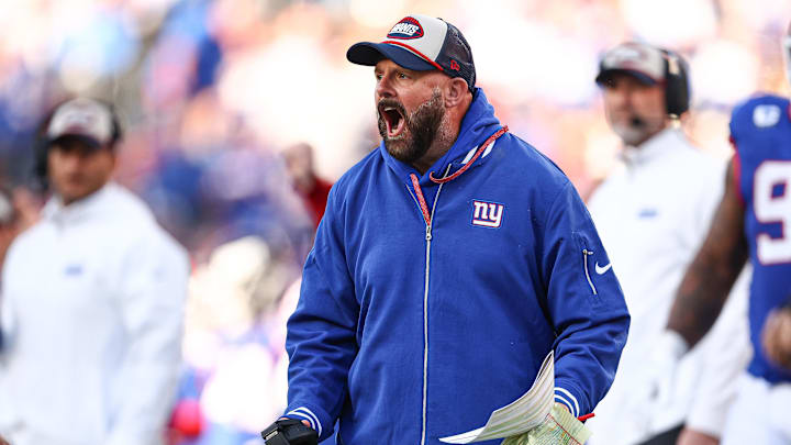 Nov 3, 2024; East Rutherford, New Jersey, USA; New York Giants head coach Brian Daboll reacts to an offensive pass interference call negating a Giants touchdown during the second half against the Washington Commanders at MetLife Stadium.  