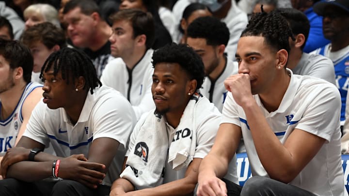 Jan 20, 2024; Durham, North Carolina, USA; Injured Duke Blue Devils players (left to right) Mark