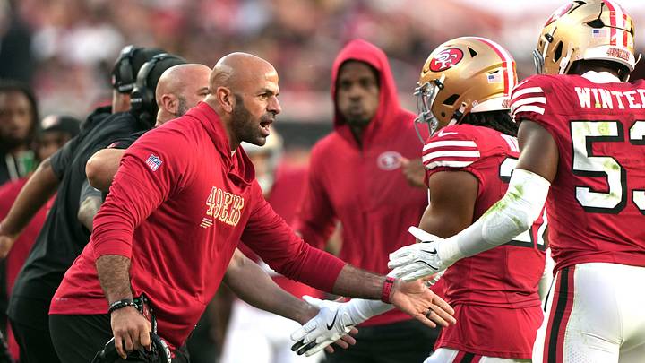 Oct 19, 2025; Santa Clara, California, USA; San Francisco 49ers defensive coordinator Robert Saleh (left) congratulates linebacker Dee Winters (right) during the second quarter against the Atlanta Falcons at Levi's Stadium. Mandatory Credit: Darren Yamashita-Imagn Images