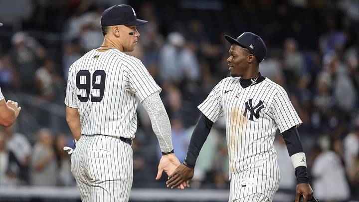 Aug 26, 2025; Bronx, New York, USA; New York Yankees designated hitter Aaron Judge (99) and second baseman Jazz Chisholm Jr. (13) celebrate after defeating the Washington Nationals 5-1 at Yankee Stadium. Mandatory Credit: Wendell Cruz-Imagn Images Aug 26, 2025; Bronx, New York, USA; New York Yankees designated hitter Aaron Judge (99) and second baseman Jazz Chisholm Jr. (13) celebrate after defeating the Washington Nationals 5-1 at Yankee Stadium. Mandatory Credit: Wendell Cruz-Imagn Images