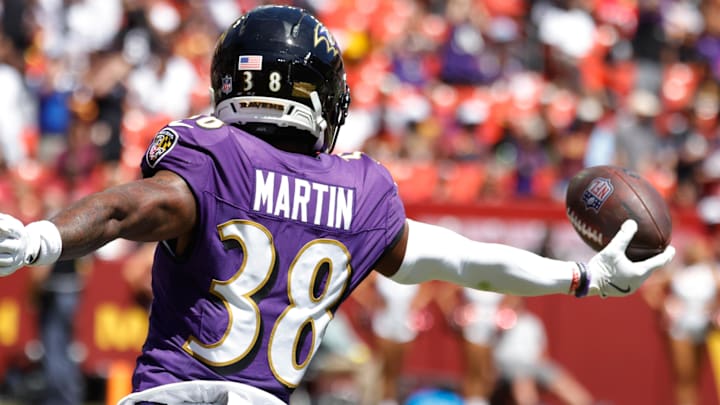 Aug 23, 2025; Landover, Maryland, USA; Baltimore Ravens running back Myles Gaskin (38) celebrates after scoring a touchdown in the second quarter against the Washington Commanders at Northwest Stadium. Mandatory Credit: Jordyn Harris-Imagn Images