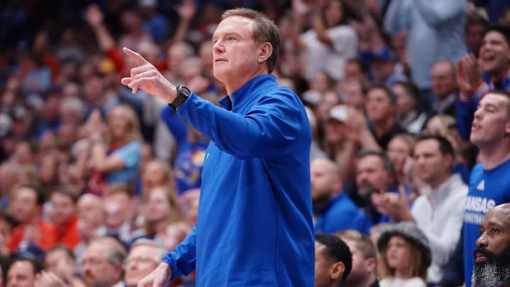 Kansas Jayhawks head coach Bill Self talks to players during the game against Houston Cougars inside Allen Fieldhouse on Monday, Feb. 23, 2026.