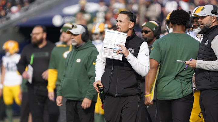 Nov 17, 2024; Chicago, Illinois, USA; Green Bay Packers head coach Matt LaFleur on the sidelines against the Chicago Bears during the first half at Soldier Field. Mandatory Credit: David Banks-Imagn Images