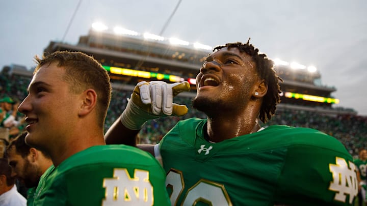 Bryce Young (right) celebrates No. 16 Notre Dame's 31–24 win over No. 15 Louisville on Sept. 28, 2024. Bryce Young (right) celebrates No. 16 Notre Dame's 31–24 win over No. 15 Louisville on Sept. 28, 2024.