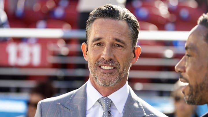 Feb 8, 2026; Santa Clara, CA, USA; NBC Sports analyst Kyle Shanahan prior to the New England Patriots game against the Seattle Seahawks in Super Bowl LX at Levi's Stadium. Mandatory Credit: Mark J. Rebilas-Imagn Images