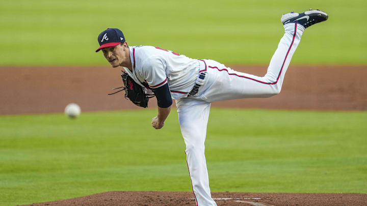 Apr 26, 2022; Cumberland, Georgia, USA; Atlanta Braves starting pitcher Max Fried (54) pitches against the Chicago Cubs during the first inning at Truist Park.
