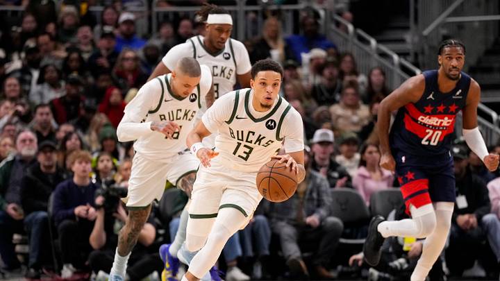 Dec 31, 2025; Milwaukee, Wisconsin, USA;  Milwaukee Bucks guard Ryan Rollins (13) during the game against the Washington Wizards at Fiserv Forum. Mandatory Credit: Jeff Hanisch-Imagn Images
