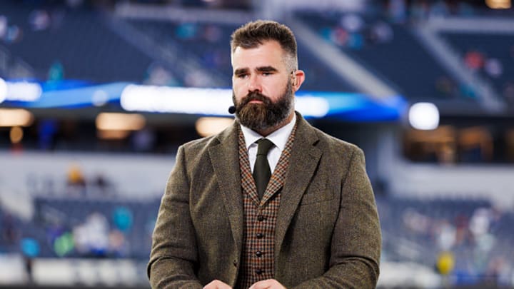 Jason Kelce of ESPN Monday Night Countdown on set before the game between the Miami Dolphins and the Los Angeles Rams at SoFi Stadium on November 11, 2024 in Inglewood, California.