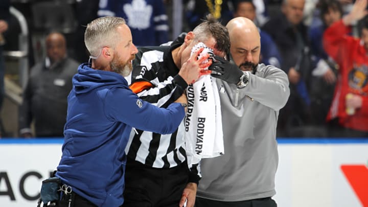 NHL referee Chris Rooney suffered a serious cut during Game 7 of the Panthers-Maple Leafs series.