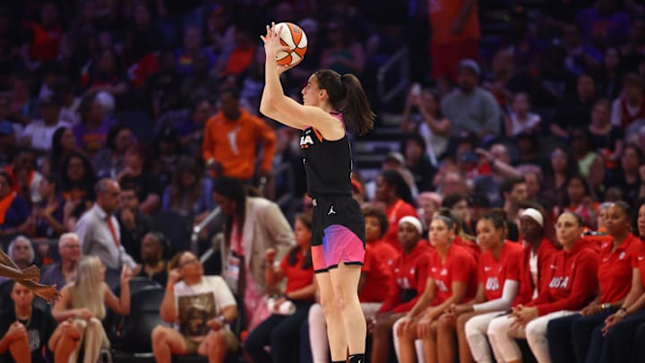 Team WNBA guard Caitlin Clark shoots for the basket during the second half against the USA Women's National Team.