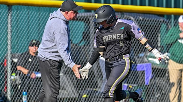 Forney's Cailey Slade (2) rounds third base after one of the two home runs she hit in a 13-6 win over Longview on Apr. 7, 2025. A two-way star, Slade is one of the key players on a Lady Jackrabbits squad that's 34-2-1 and playing for the 6A Division 2 state championship this weekend. 