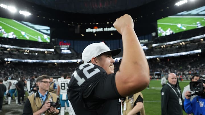 Dec 22, 2024; Paradise, Nevada, USA; Las Vegas Raiders quarterback Aidan O'Connell (12) celebrates after the game against the Jacksonville Jaguars at Allegiant Stadium. Mandatory Credit: Kirby Lee-Imagn Images