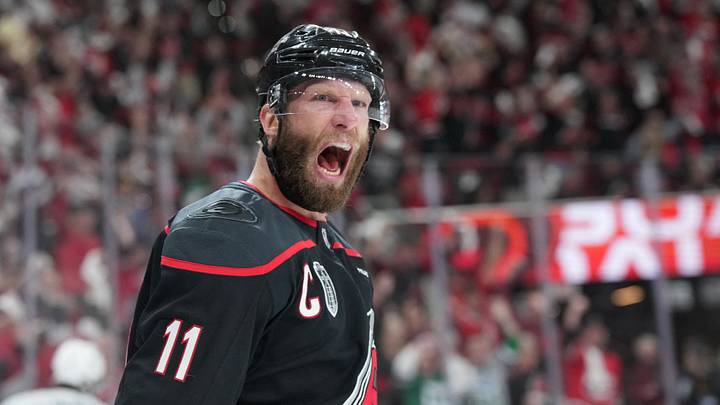 Jun 11, 2026; Raleigh, North Carolina, USA; Carolina Hurricanes center Jordan Staal (11) celebrates after scoring during the first period against the Vegas Golden Knights in game five of the 2026 Stanley Cup Final at Lenovo Center. Mandatory Credit: James Guillory-Imagn Images