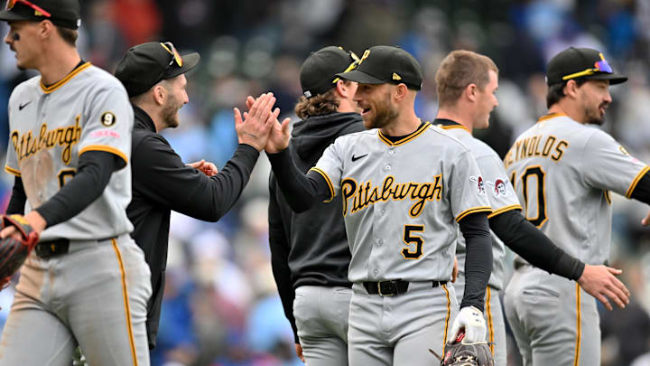 Apr 11, 2026; Chicago, Illinois, USA; Pittsburgh Pirates second baseman Brandon Lowe (5) celebrates his team’s victory over the Chicago Cubs at Wrigley Field. Mandatory Credit: Patrick Gorski-Imagn Images