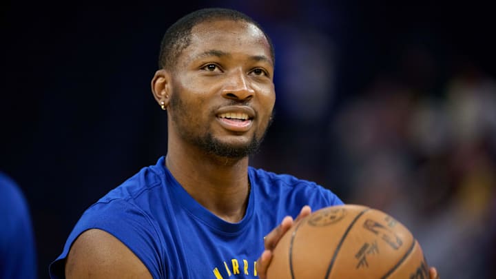 Apr 13, 2025; San Francisco, California, USA; Golden State Warriors forward Jonathan Kuminga (00) warms up before the game between the Golden State Warriors and the LA Clippers at Chase Center. Mandatory Credit: Robert Edwards-Imagn Images