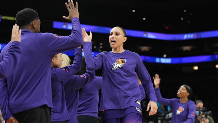 Aug 3, 2023; Phoenix, Arizona, USA; Phoenix Mercury guard Diana Taurasi (3) is introduced prior to the first half against the Atlanta Dream at Footprint Center. Mandatory Credit: Joe Camporeale-Imagn Images