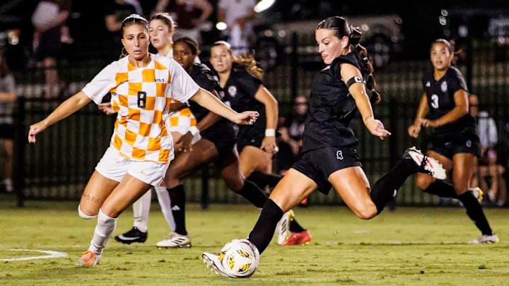 Mississippi State Midfielder Ally Perry (#5) during the match between the Tennessee Volunteers and the Mississippi State Bulldogs at the MSU Soccer Field in Starkville, MS.