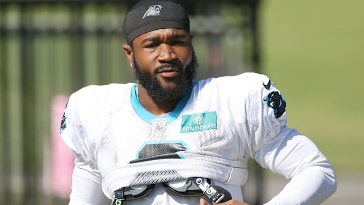 SPARTANBURG, SC - JULY 31: Carolina Panthers running back Miles Sanders (6) during the NFL Carolina Panthers training camp on July 31, 2023, at Wofford College campus in Spartanburg, S.C.