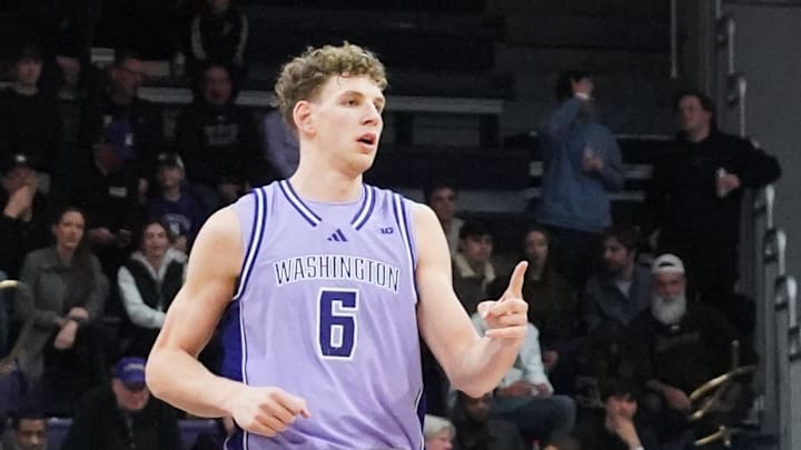 Jan 31, 2026; Evanston, Illinois, USA; Washington Huskies forward Hannes Steinbach (6) celebrates a three point basket against the Northwestern Wildcats during the second half at Welsh-Ryan Arena. Mandatory Credit: David Banks-Imagn Images
