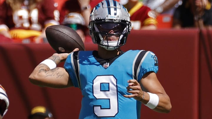 Aug 13, 2022; Landover, Maryland, USA; Carolina Panthers quarterback Matt Corral (9) passes the ball