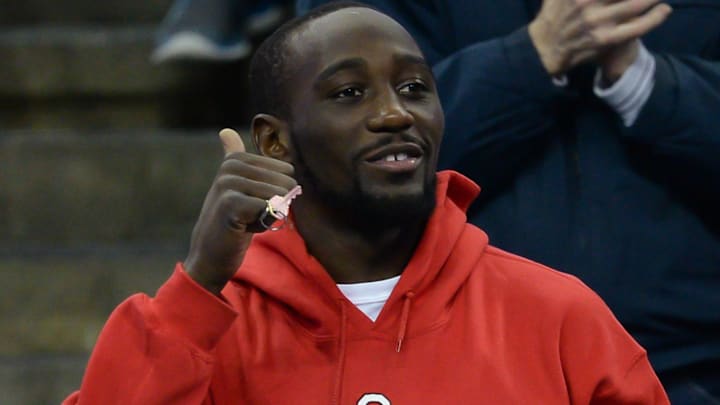 Terence Crawford acknowledges the crowd during a break in the game between the Creighton Bluejays and the Longwood Lancers at CenturyLink Center Omaha. Terence Crawford acknowledges the crowd during a break in the game between the Creighton Bluejays and the Longwood Lancers at CenturyLink Center Omaha.