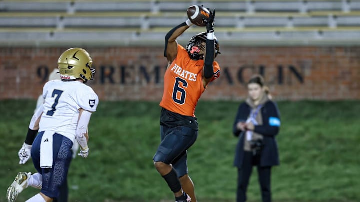 Platte County receiver Tres Baskerville (6) catches a touchdown pass against Jefferson City's Helias Catholic during the 2024 Class 5 state championship game at Faurot Field in Columbia. He is one of the top returning receivers in the state for the 2025-2026 season.