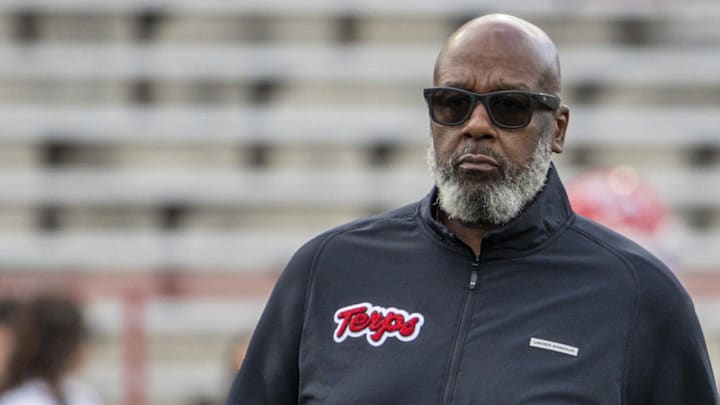 Maryland Terrapins head coach Mike Locksley stands on the field before the game against the Indiana Hoosiers at SECU Stadium.