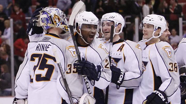 April 9, 2009, Detroit, MI, USA; Nashville Predators goalie Pekka Rinne (35) is congratulated by teammates Joel Ward (29) and J.P. Dumont (71) and center Vernon Fiddler (38) after a 4-3 shoot out win over the Red Wings at Joe Louis Arena. Mandatory Credit: Leon Halip-Imagn Images